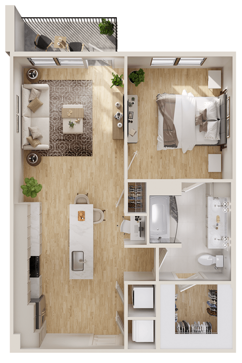 Floor plan for 1 bed, 1 bath, 768 sqft